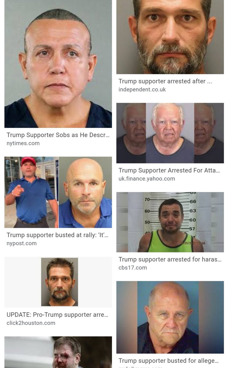 Search images for "Trump supporter arrested"How many? Death threats. Pipe bombs. Illegally voting. Assault. Kidnapping plot 41,500 hits in a regular search Image search? Page after page