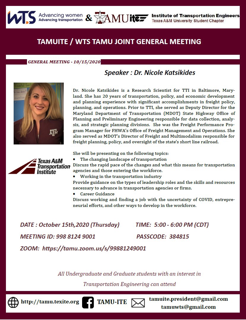 TAMUite (@itetamu) on Twitter photo TAMUITE / WTS TAMU JOINT GENERAL MEETING on October 15th at 5:00 pm with Research Scientist for TTI in Baltimore, Mary-land.
ZOOM: tamu.zoom.us/s/99881249001
MEETING ID: 998 8124 9001
PASSCODE: 384815
<a href="/TAMUCVEN/">TAMU Civil & Environmental Engineering</a>
<a href="/TAMUEngineering/">TAMU Engineering</a> TAMUITE / WTS TAMU JOINT GENERAL MEETING on October 15th at 5:00 pm with Research Scientist for TTI in Baltimore, Mary-land.
ZOOM: tamu.zoom.us/s/99881249001
MEETING ID: 998 8124 9001
PASSCODE: 384815
<a href="/TAMUCVEN/">TAMU Civil & Environmental Engineering</a>
<a href="/TAMUEngineering/">TAMU Engineering</a>