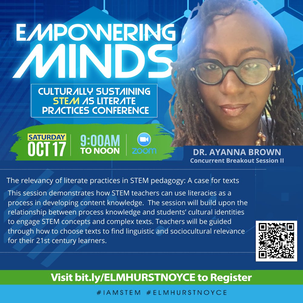 On 10.17.20, Dr. Ayanna F. Brown will demonstrate how #STEM teachers can use literacies as a process in developing content knowledge. It will build upon the relationship between process knowledge and students’ cultural identities. 

REGISTER: bit.ly/3lcOKhV #IAMSTEM