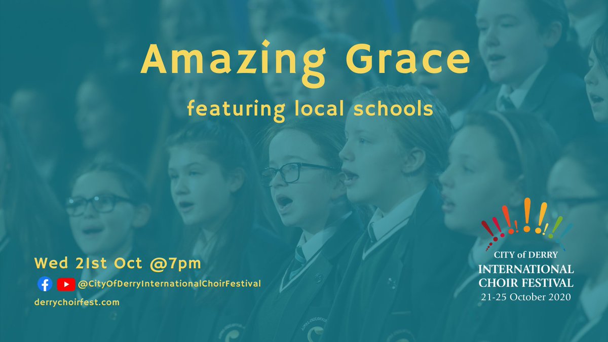 Join us at 7pm on Wed 21 Oct for Amazing Grace, sung by local school choirs.
@stmarysderry @ThornhillDerry  @StCeciliasDerry @LumenChristiCol @LoretoGSOmagh  @hccstrabane  @foyle_college  @StJosephsDerry @ScoilMhuireB  
@dcsdcouncil @WhatsonDS @mayordcsdc #Derry #ChoirFestival