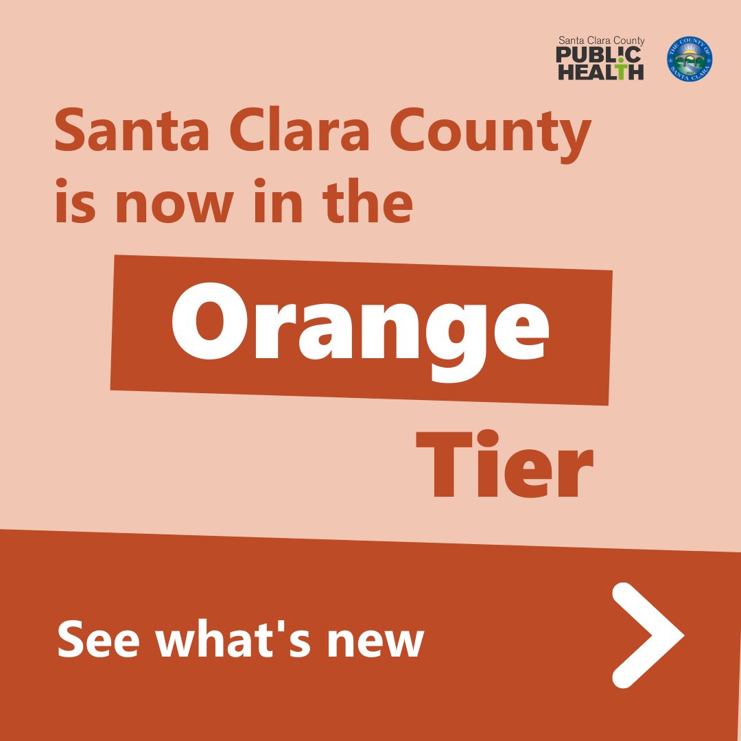 SCCgov's tweet image. California moved Santa Clara County to the Orange Tier from the Red Tier on October 14 in the “Blueprint for a Safer Economy.” The Orange Tier allows more businesses and activities to resume. We’ve outlined the changes in this thread.
