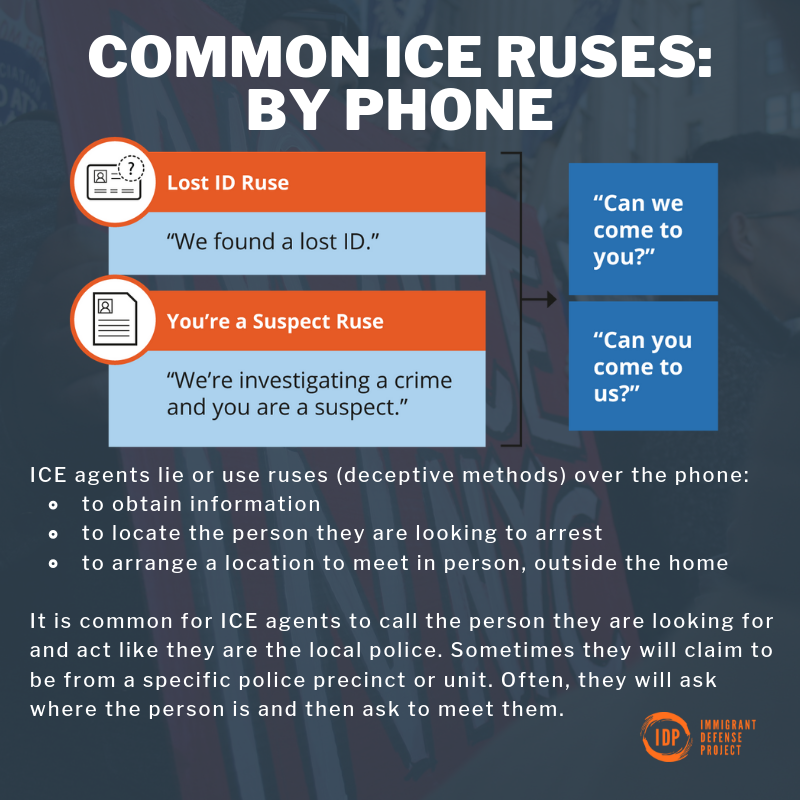 ImmDefense's tweet photo. 4/We've also produced a number of infographics on commonly used ICE ruses over the phone and in person. Check those out below—and at https://t.co/G02QiUKGs8! Available in both English and Spanish! https://t.co/XieG2K4qb1