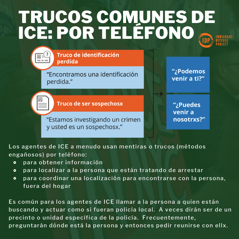 ImmDefense's tweet photo. 4/We've also produced a number of infographics on commonly used ICE ruses over the phone and in person. Check those out below—and at https://t.co/G02QiUKGs8! Available in both English and Spanish! https://t.co/XieG2K4qb1
