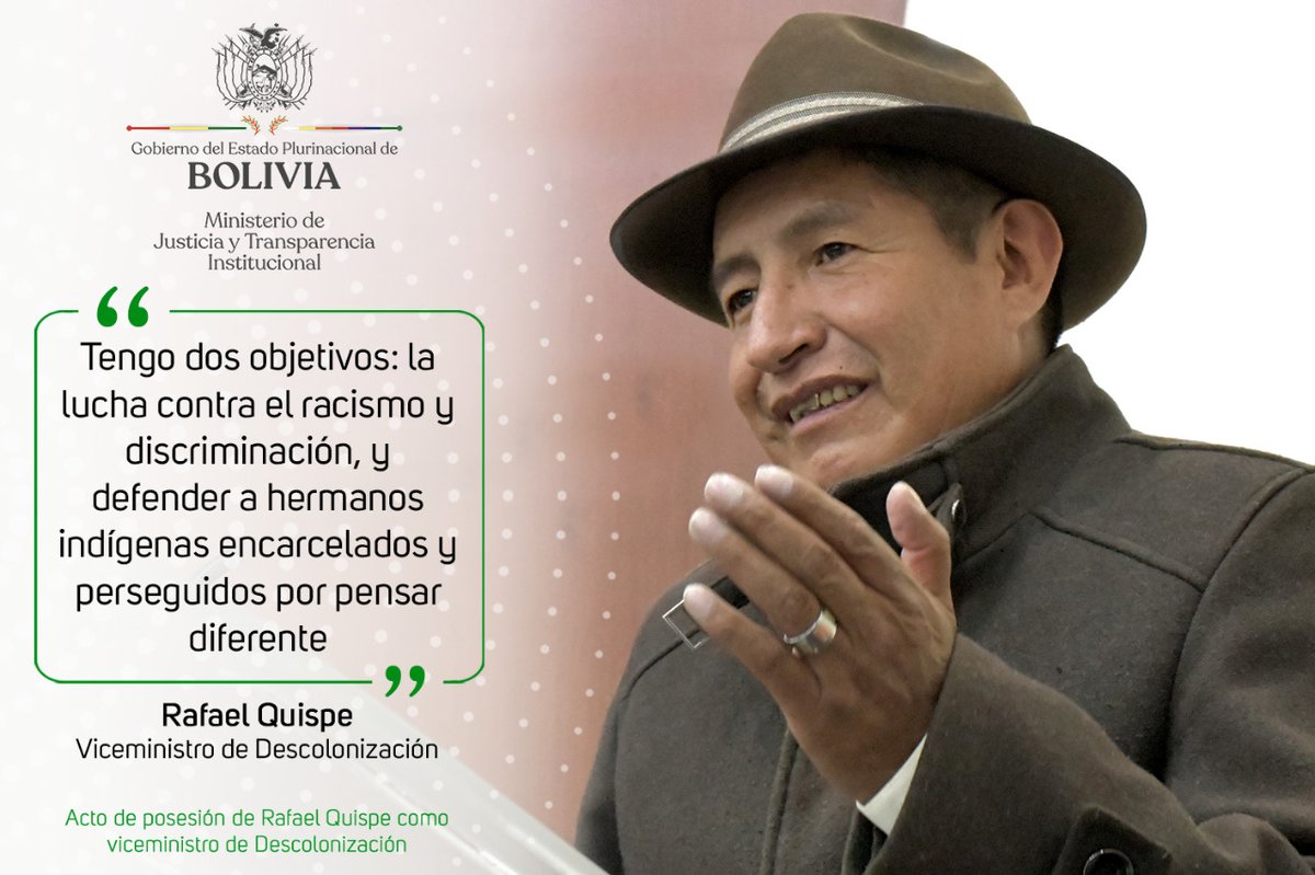 JusticiaBol's tweet photo. ➡️ La nueva autoridad agradeció la confianza y aseguró que “la anterior gestión minimizó la descolonización a hacer wajtas (ofrenda a la Pachamama), ponerse poncho o poner a una mujer de pollera en la Asamblea”.

#TataQuispe
#ViceministroDescolonización https://t.co/twybIPV48E