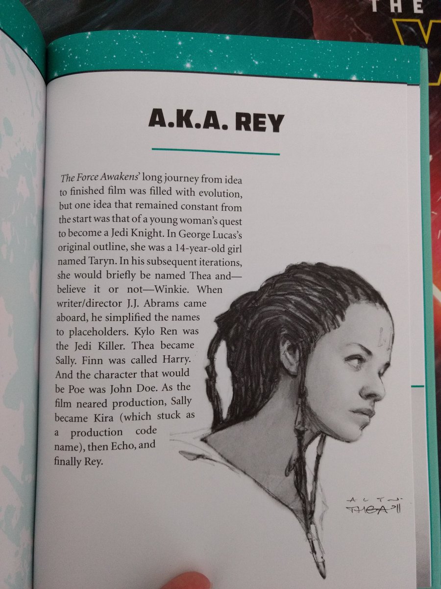 And things get crazier: in George's original outline, Rey was a 14 year old girl named Taryn. In later iterations, he changed her name briefly to Thea and also to, I swear, Winkie. J.J. gave her the codename Sally, then she was Kira, Echo, and finally Rey.