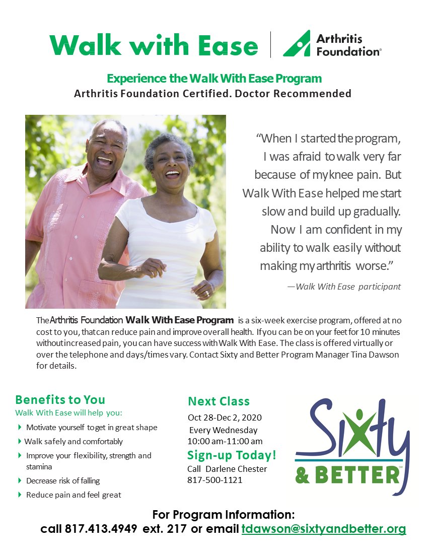 SixtyandBetter's tweet photo. 📢Are you interested in improving your balance and strength? Join us Wednesdays beginning October 28 or our newest healthy aging class, Walk With Ease! The class is offered at NO COST TO YOU and, you'll receive a valuable tool kit to help you on your journey to healthy aging. https://t.co/bwytaqGzJJ