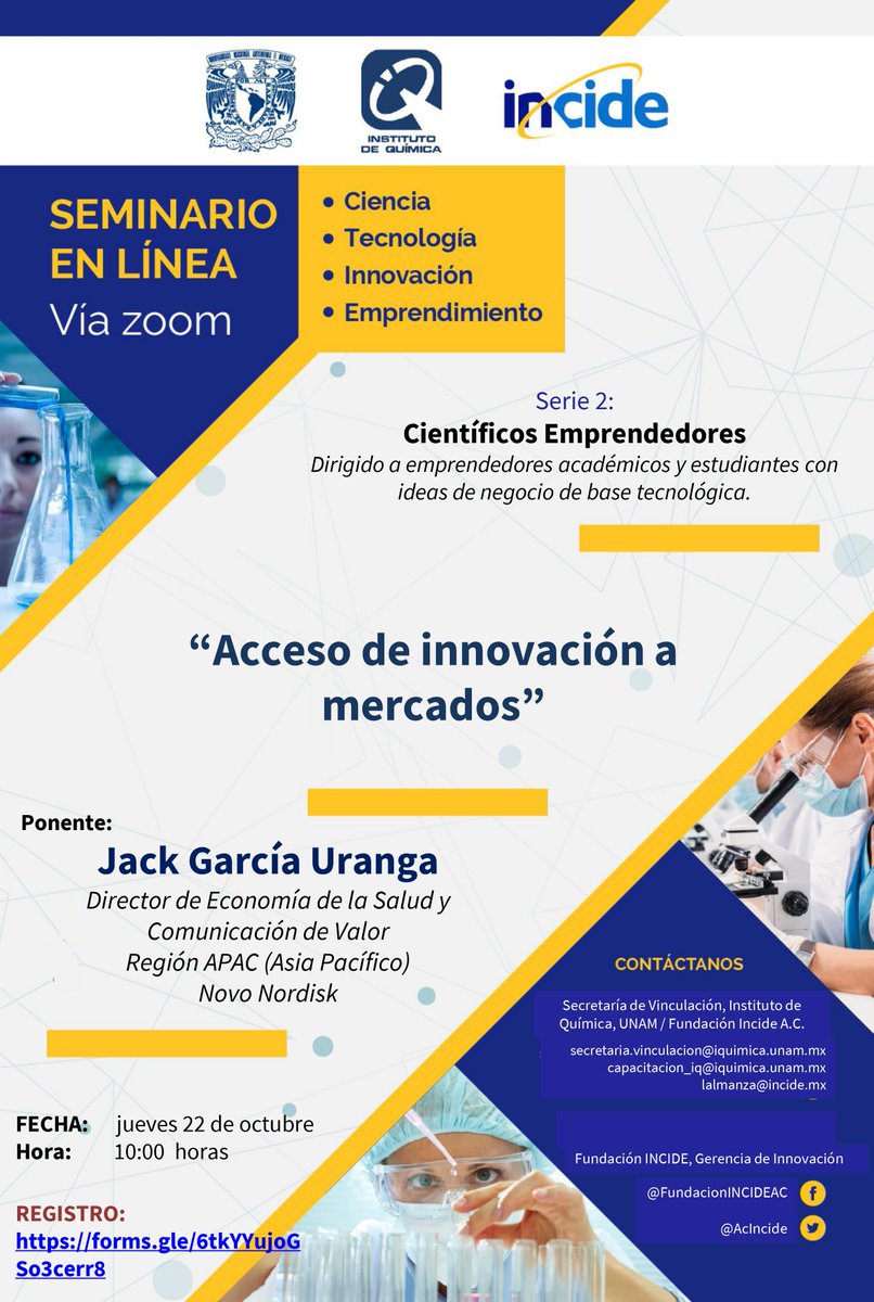 Atención Científicos Emprendedores! Continuamos con los Seminarios en Línea organizados con el Instituto de Química de la UNAM <a href="/iquimicaunam/">Instituto de Química</a>  <a href="/UNAM_MX/">UNAM</a> <a href="/ChinoinPF/">CHINOIN</a> <a href="/FUNSALUDMX/">FUNSALUD</a> <a href="/Grupo_Pisa/">PiSA Farmacéutica | Grupo PiSA</a> <a href="/SenosiainLabs/">Lab Senosiain</a> <a href="/LiomontLab/">Laboratorios Liomont</a> <a href="/Fund_CarlosSlim/">FundaciónCarlosSlim</a> <a href="/sanfer_mx/">Sanfer</a> <a href="/silanes_mexico/">Laboratorios Silanes</a> <a href="/GrupoNeolpharma/">Neolpharma</a>