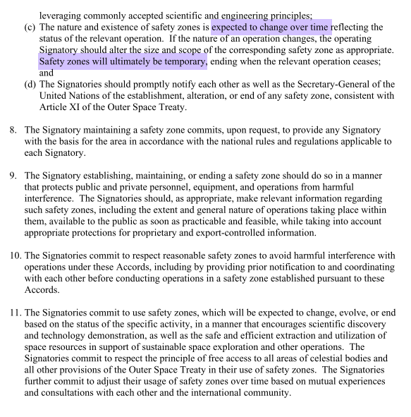 Section 11. Deconfliction of Space Activities. Wow, this is the longest & most complex section. Obviously a lot to really dig into and consider. I first noticed the explicit statement that safety zones are not meant to be permanent.