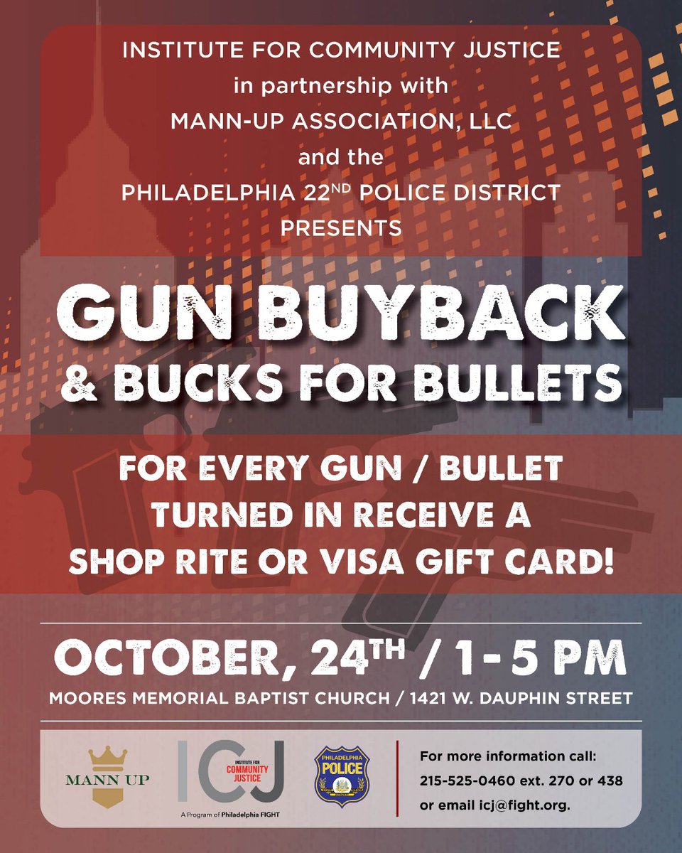 Turn in guns &amp; bullets, NO QUESTIONS ASKED, and get a ShopRite or Visa gift card! #enoughisenough 

Let's get guns off the streets and keep our communities safe. #endgunviolence #notonemore

October 24, 1-5pm, Moore's Memorial Baptist, 1421 W Dauphin

#gunbuyback #bucksforbullets