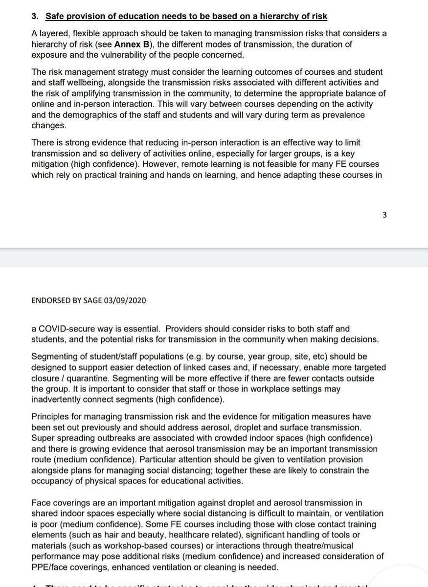 8/ Face coverings are an important mitigation against droplet and aerosol transmission where social distancing is difficult or where ventilation is poor.Assume this is where DfE FE advice was updated, yet they still haven't bothered to update school advice for aerosols.