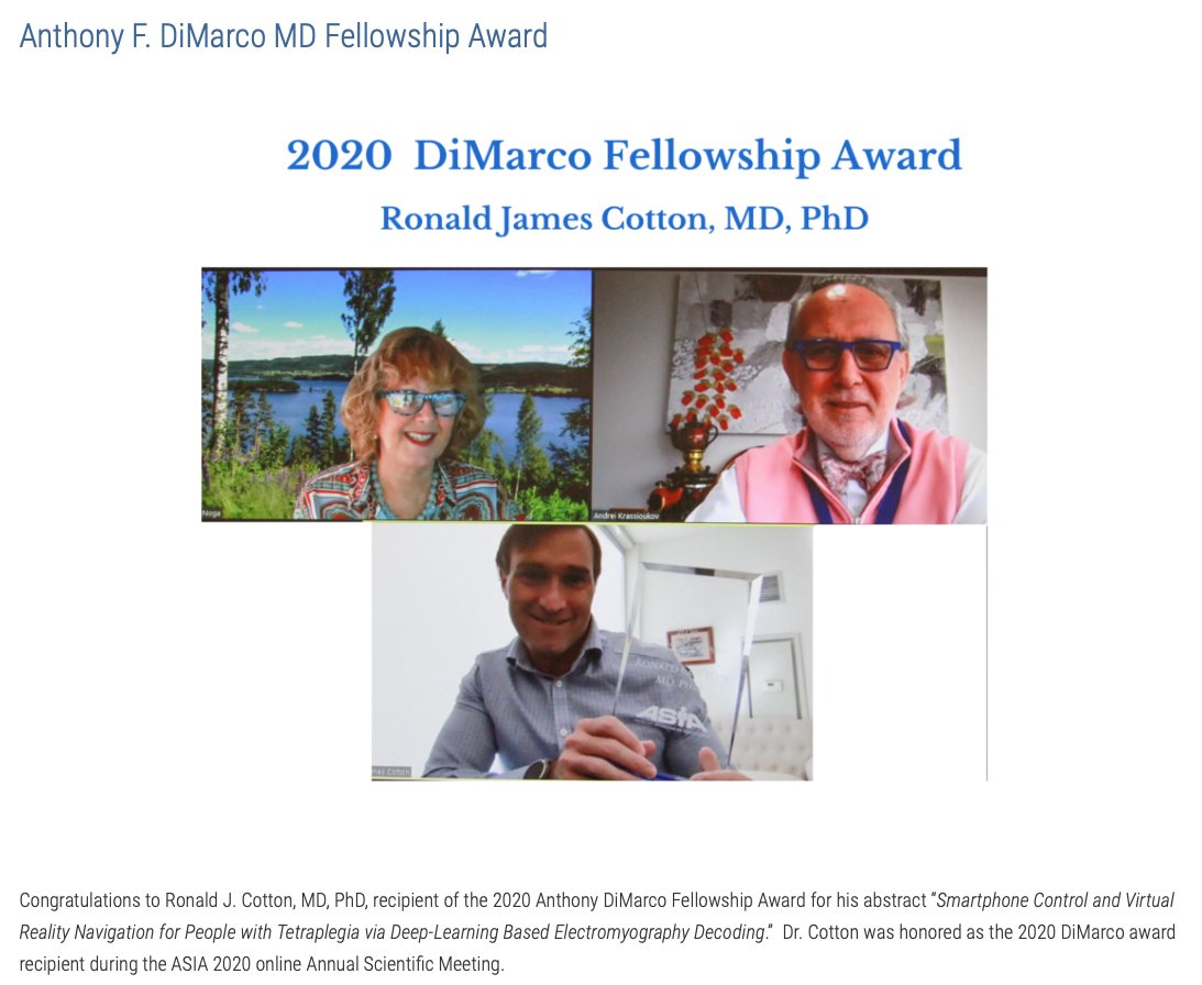 peabody124's tweet photo. I was so surprised and pleased to receive the Anthony F. DiMarco MD Fellowship Award at  @ASIA_spine  #ASIA2020online https://t.co/wnkdEWVHDZ . Thanks so much and can't wait for the meeting next year! #assistivetechnology #deeplearning https://t.co/co3a49tV3m
