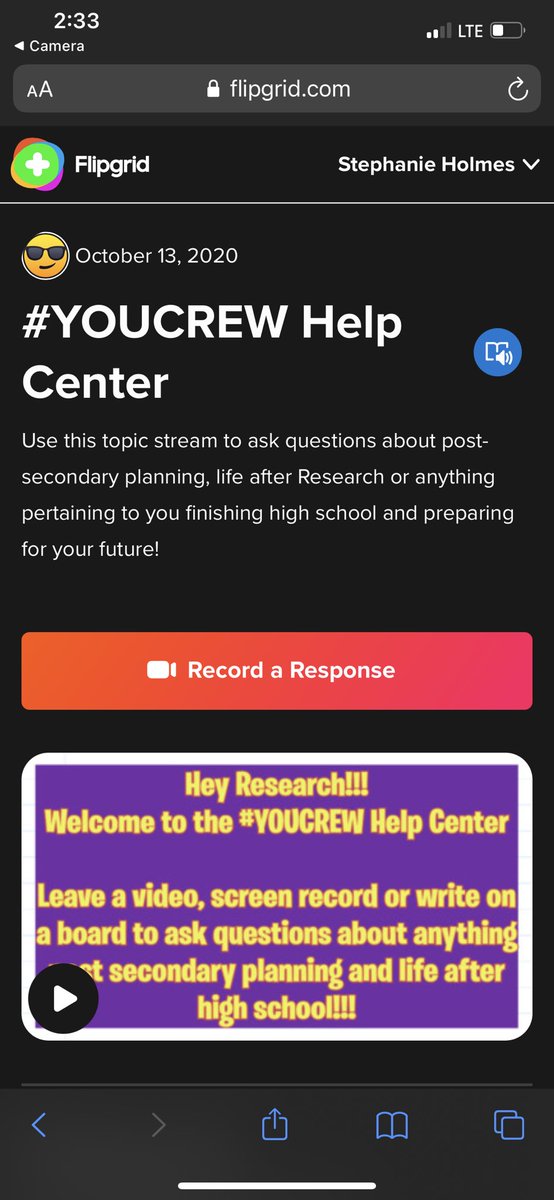 Holmes_Edu's tweet photo. Canโt thank @inc_yv enough! This idea is amazing and will hopefully be a great resource for our students. Created a @Flipgrid virtual help center for all things post secondary planning @ResearchHigh #youcrew #postsecondary #sel https://t.co/TPuBgljovD