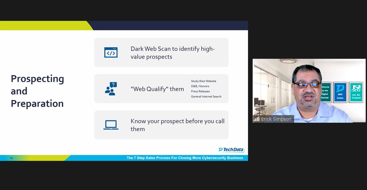 channelsmart's tweet photo. Q. How do #MSPs #prospect for #security clients?  
A. They listen to @ErickSimpson during @TechDataSecInf #MSPEvolve event.  Running a #darkwebscan an interesting prospecting approach; find who needs the help! https://t.co/5lg7FrE81V