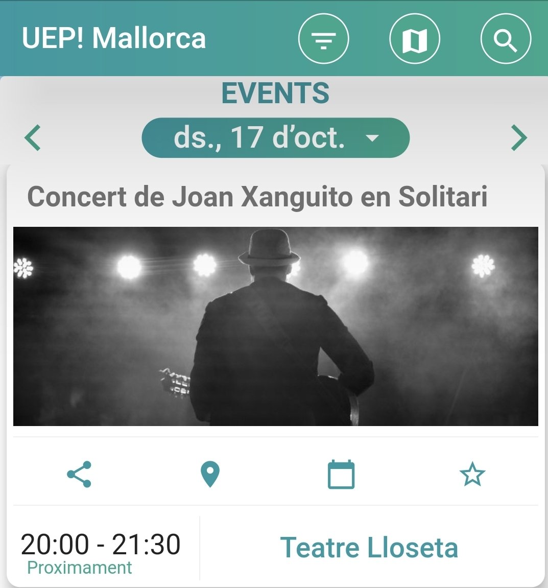 Aquesta setmana ampliam la nostra programació. El <a href="/TeatreLloseta/">Teatre Lloseta</a> torna a la activitat amb l'actuació de Joan <a href="/xanguito/">xango</a> el 17 d octubre.
Més cultura i més oci a UEP! Mallorca. Descarrega l'app ara.