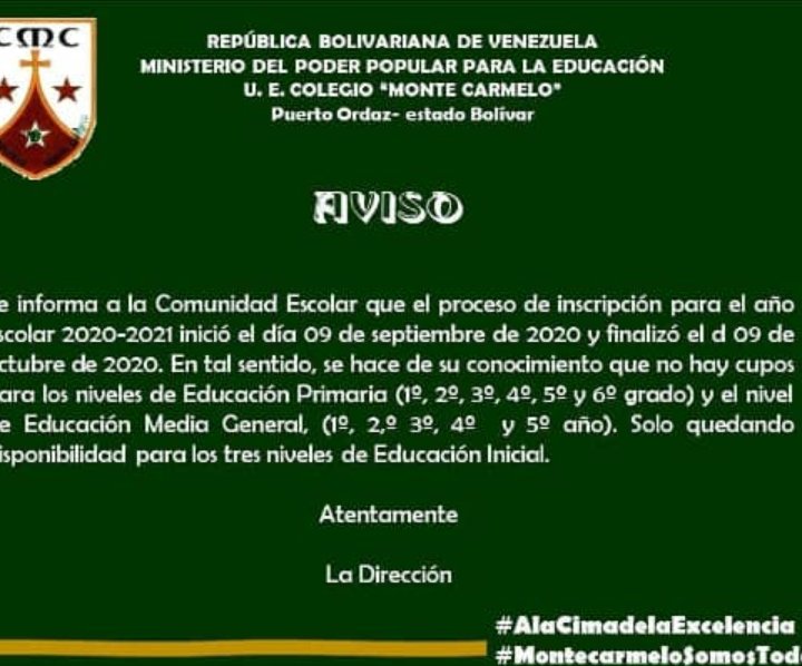 Yrecar21's tweet photo. Continua la violación del derecho a la educación de nuestros niños y adolescentes, mientras esperamos respuesta de @sundde_ve el Colegio Monte Carmelo anuncia la culminación del proceso de inscripción @PableOstos @Watcher_Ven @sundde_bol @EneidaLayaPsuv @zebolivar @psuvaristobulo https://t.co/qYw4yQEwqL