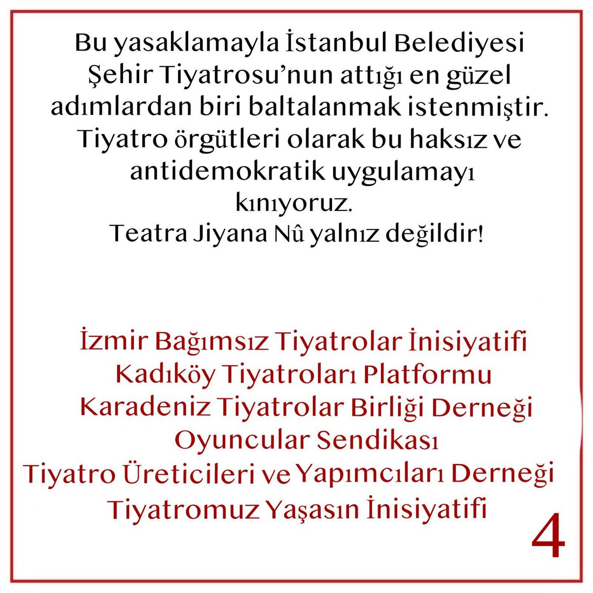 Tiyatro dünyanın bütün dillerinde özgür olmalıdır.
#tiyatromuzyaşasın 
#tiyatroengellenemez #sanatengellenemez #tiyatroözgürlüktür
#tiyatrobirleştirir