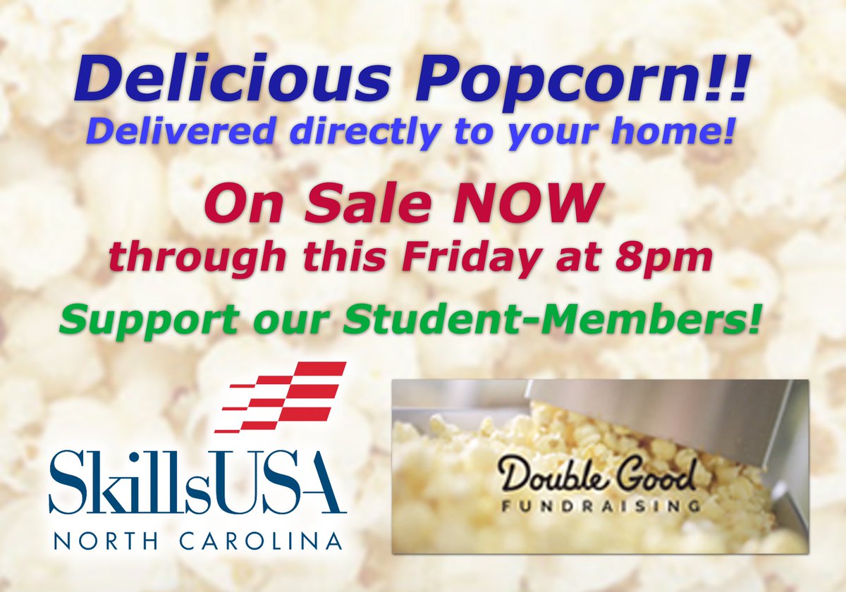 Support our SkillsUSA North Carolina Student Members! 
Order some Tasty Popcorn from us! 
Order Online, Delivered directly to your home! 
dgood.co/a69a1762