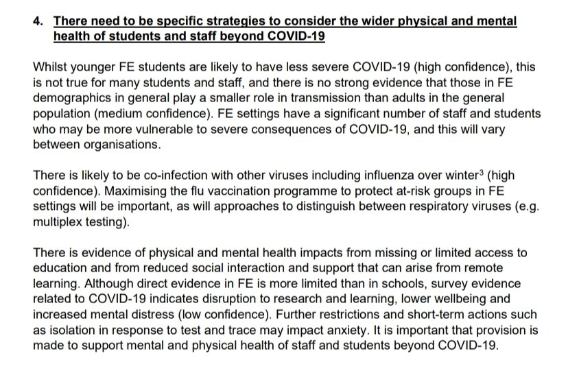 9/ Unlike the government, SAGE does point out that there are staff and students who are at risk of severe consequences. Points out again FE students are likely to be as infectious as adults.
