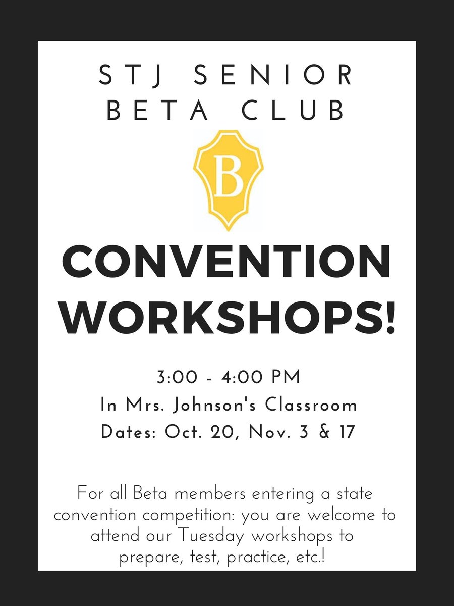 Beginning next week, members can attend Beta Convention Workshops in Mrs. Johnson's classroom to prepare, practice, test, etc.  See the flyer for dates and times! #BetaCon21 <a href="/isaacratcliff1/">Isaac Ratcliff</a> <a href="/jacobrinehart_/">Jacob Rinehart</a> <a href="/mackenna_13/">Mackenna Rodgers</a> <a href="/alexis1courtois/">Alexis Courtois</a>