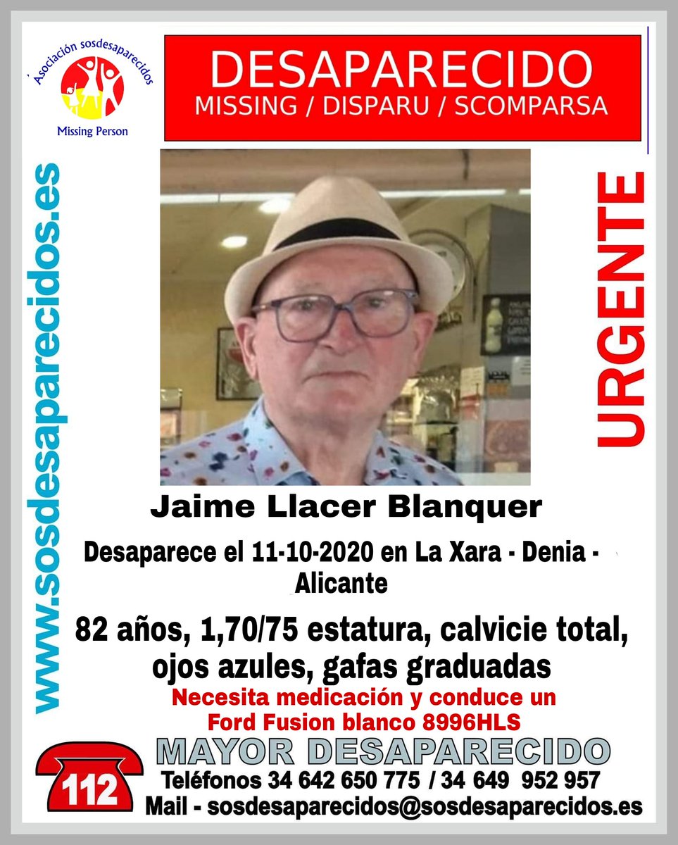 guardiacivil's tweet image. 🆘️#MuyUrgente⚠️
Jaime es un #mayor que necesita medicación y ha #desaparecido en La Xara / Denia #Alicante
¿Lo has visto a él o a su coche?
☎️062
☎️112
Tu RT le ayudará