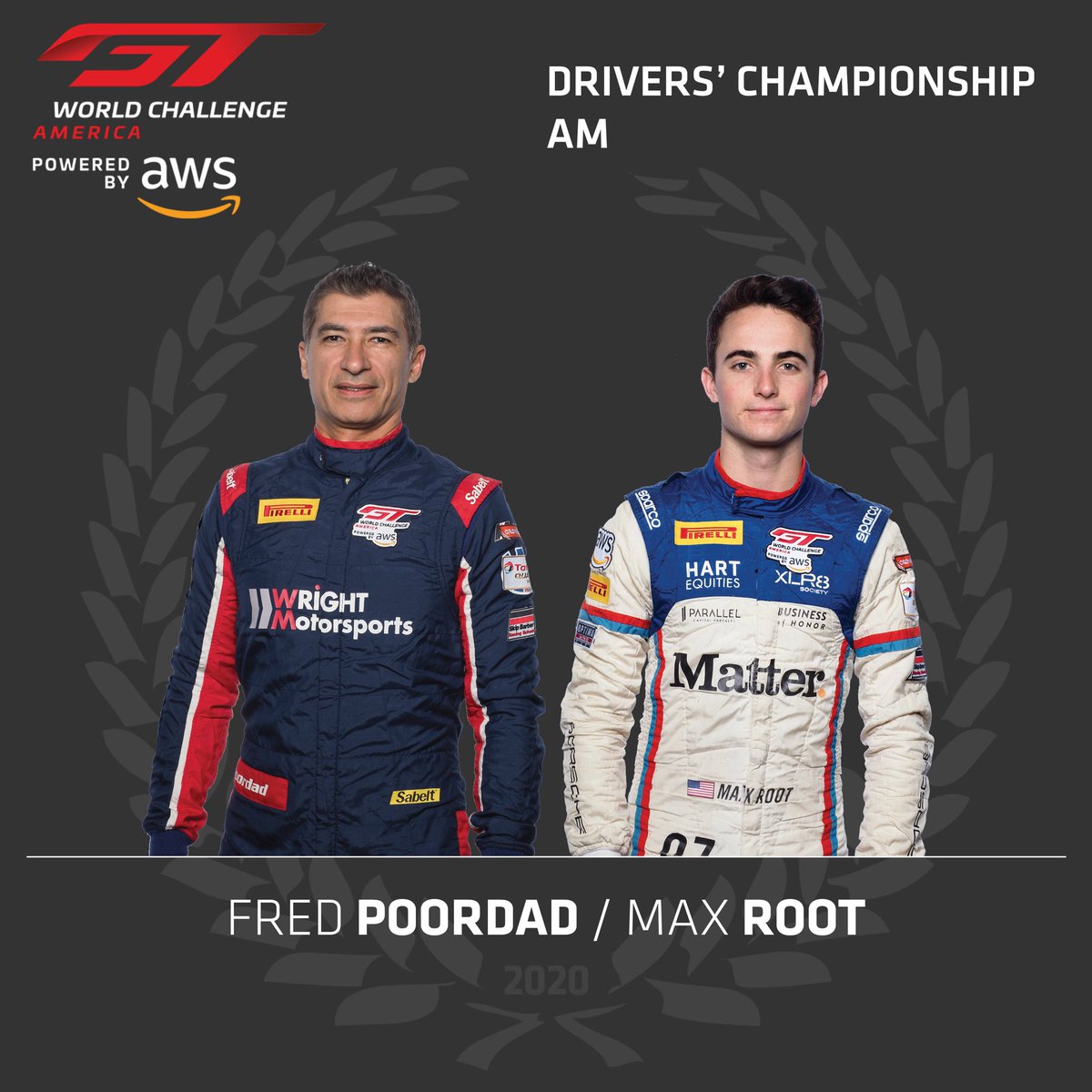 gtworldcham's tweet image. A great pair with @WrightRac1ng , Fred Poordad &amp;amp; @maxrootracing take the 2020 GT World Challenge America Am Championship!

#GTWorldChAm #Indy8H