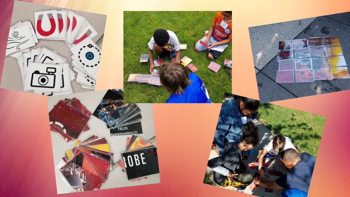 BTCInstitute1's tweet image. Celebrating #NASASolarWeek with our @ParkerSolar game adapted from @NASAspaceplace last summer. Students group based on a PSP investigation and find their data cards on &quot;the @NASASun&quot; (a field). Bring the data to Earth to inspect - On the back of each card is a photo to assemble!