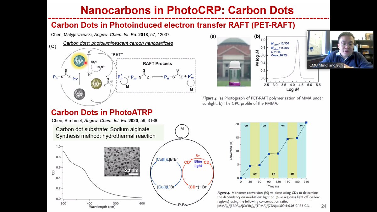 FrancescaLoran2's tweet photo. Mingkang Sun @mingkang_twit is discussing the synthesis of nanocarbons using block copolymers as template and the application of nanocarbons in ATRP and RAFT polymerization - #CRPFall2020 @MatyPolymerLab https://t.co/rCAkscdMjm