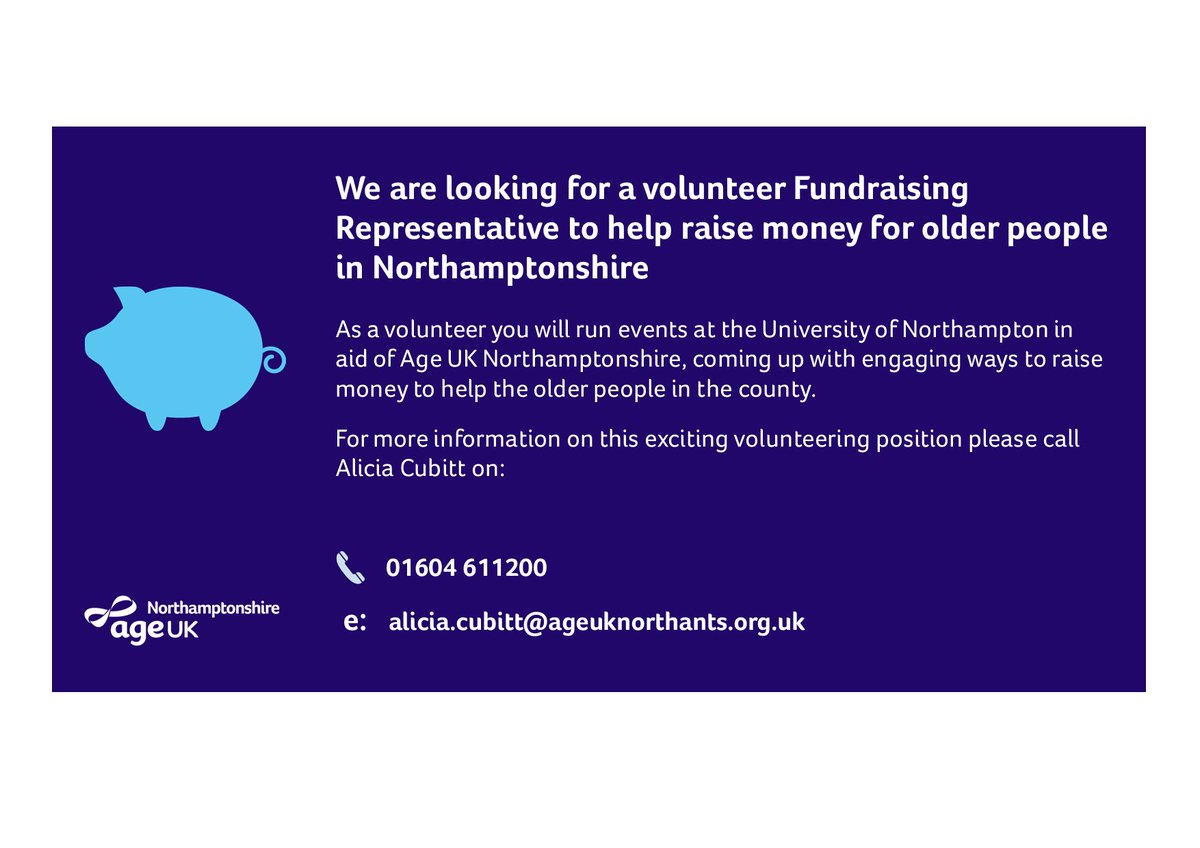 AgeUKNorthants's tweet photo. Are you an outgoing person who would enjoy motivating #students at @UniNorthants to take part in #fundraising activities and raise funds for us? For more info on this exciting #volunteering opportunity contact Alicia our #Volunteer Co-ordinator.
https://t.co/0ypWKlkhf3 https://t.co/1upIugGIfJ