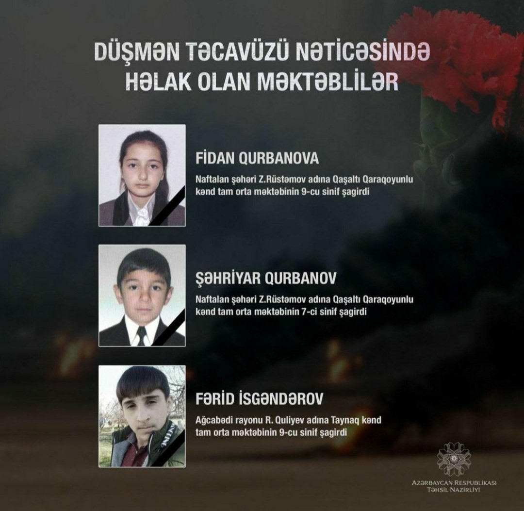 OFFICIAL: The number of students killed as a result of the Armenian aggression has reached 3. 

#WorldWakeUp
#PrayForGanjaCity #KarabakhisAzerbaijan #StopArmeniaTerror #DontBelieveArmenia 
#StopAttackingCivilians 
#StopArmeniaAggression