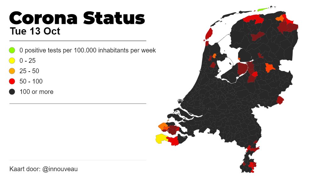 10/ Geografisch gezien: de piek zit vooral in de Randstad maar de verspreiding neemt steeds verder toe. Sinds vandaag staan er 255 van de 355 gemeentes op zwart en 92 van de 355 op rood. Go Schiermonnikoog!(bron kaart:  @innouveau)