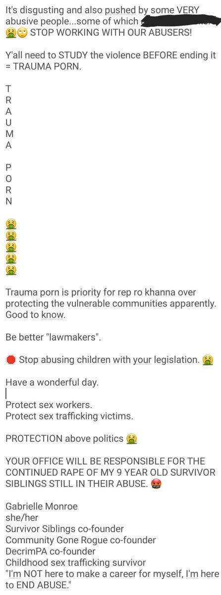 Oh...I work on legislation...THEREARE WAYSTOPROTECTSEXWORKERS @RoKhanna &  @SenWarren - your bills needs AMENDED to PROTECT sex workers & sex trafficking victims.Ro, your secretary has my email address...I sent this response so y'all know where to respond if ya wanna...