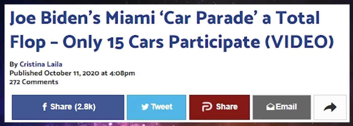 InfamousOne13's tweet photo. BREAKING NEWS: @JoeBiden #bidens Car parade only had 15 cars attend lol yet, #trump2020 #lationsfortrump Car parade had 30,000! lol but they say #BidenHarris2020 is leading in the polls? 🧐🤣🤔 #miami #florida #TrumpCaravan https://t.co/y1UiF6X3Z8