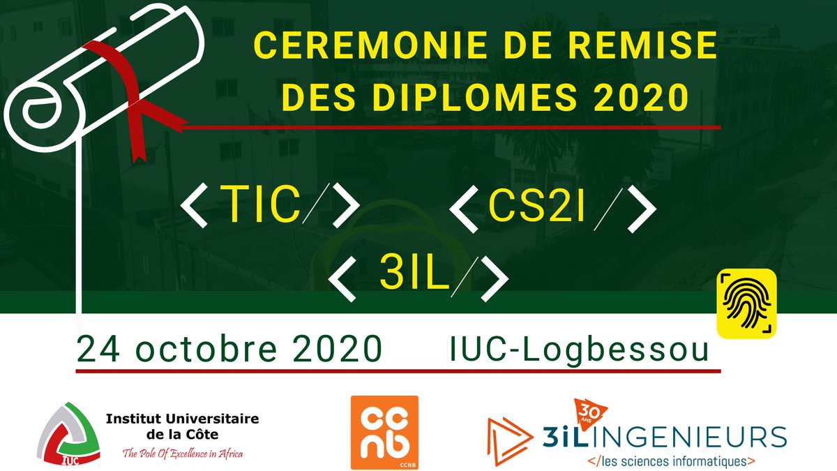 iucdouala's tweet photo. La cérémonie de remise des diplômes aux lauréats  des parcours

👉Technologie de l'Informatique (#TI),
👉Concepteur de système d'information informatisé (#CS2I), 
👉et Ingénieur en Informatique (#3IL),

aura lieu le 24 octobre 2020 à l'amphi 500 du Campus de #Logbessou.

#IUC https://t.co/6qiF1mmCi1