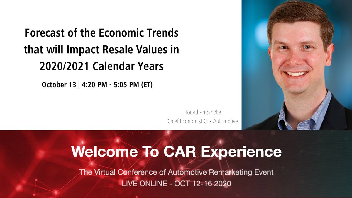 Manheim_US's tweet photo. CAR Experience attendees join @SmokeonCars and other industry economists as they examine the latest economic trends and variables that will impact the used-vehicle market through 2021. Join here: https://t.co/fqbtFy8TtM #manehim #manheimexpress #manheim75 #coxauomotive https://t.co/Wg4AVKBqlo