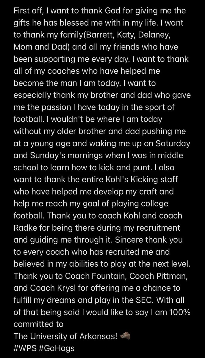 COMMITTED! WOO PIG! 🐗<a href="/CoachSFountain/">Scott Fountain</a> <a href="/CoachSamPittman/">Coach Sam Pittman</a> <a href="/CoachKrysl/">Mike Krysl</a> <a href="/RazorbackFB/">Arkansas Razorback Football</a>