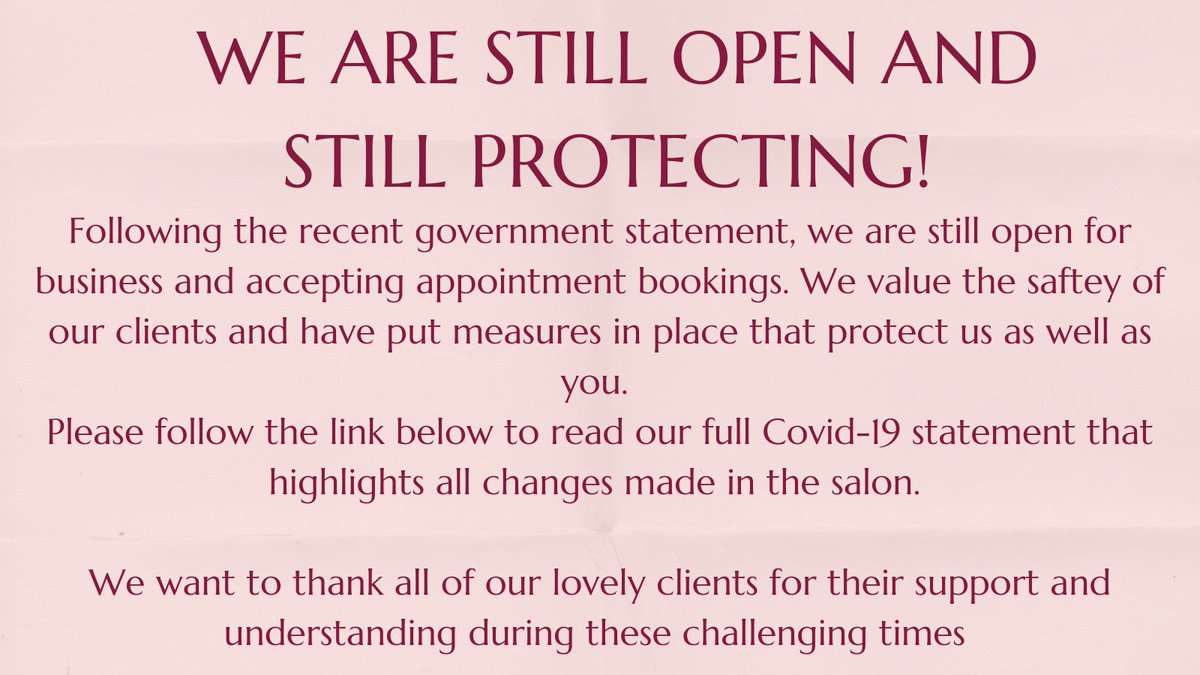 We are still open! Following the recent government announcement we can remain open for business and are accepting online bookings. Please follow the link below to read our Covid-19 statement, detailing how we are keeping you safe when you visit our salon. 
nellysbeautyhouse.com/covid-19-state…