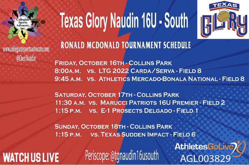 Check us out THIS WEEKEND playing in the Ronald McDonald Tournament! YOU DON’T WANT TO MISS IT!! <a href="/CSA_Athletes/">Collegiate Sports Advocate (CSA)</a> @texasglorynaud1 @16uGloryNaudin #BeCSA #glorynaudin