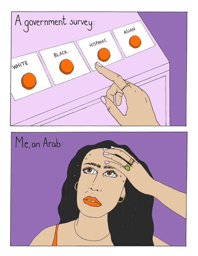 Comic depicting a self-identified Arab person looking stressed over clicking on a button to represent their race and not finding one that fits. 