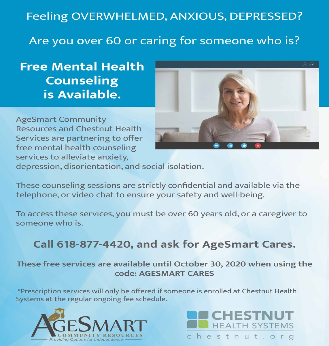 AgeSmartCR's tweet photo. Feeling overwhelmed? Depressed? Anxious? Are you over 60 or caring for someone who is? Chestnut Health Services is offering telephone or video appointments at no charge. https://t.co/i3k0h4jZM1