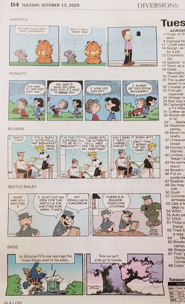 Garfield: who caresClassic Peanuts: always greatBlondie: Dagwood getting ready to go back into his mask-free officeBeetle Bailey: I bet Private Plato's story idea is COVID-relatedShoe: fully leaning in to 2019 COVID reality now