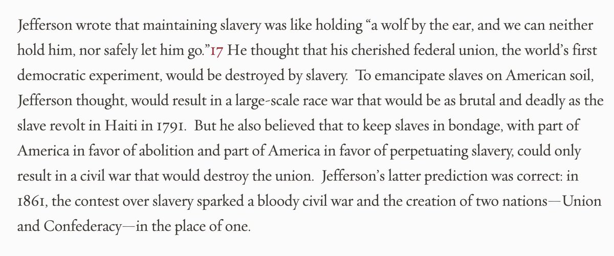 He was scared that slaves were going to rise up and kill their white oppressors. What was his reasons for this belief?Well, I'll let the authorities at Monticello explain it: