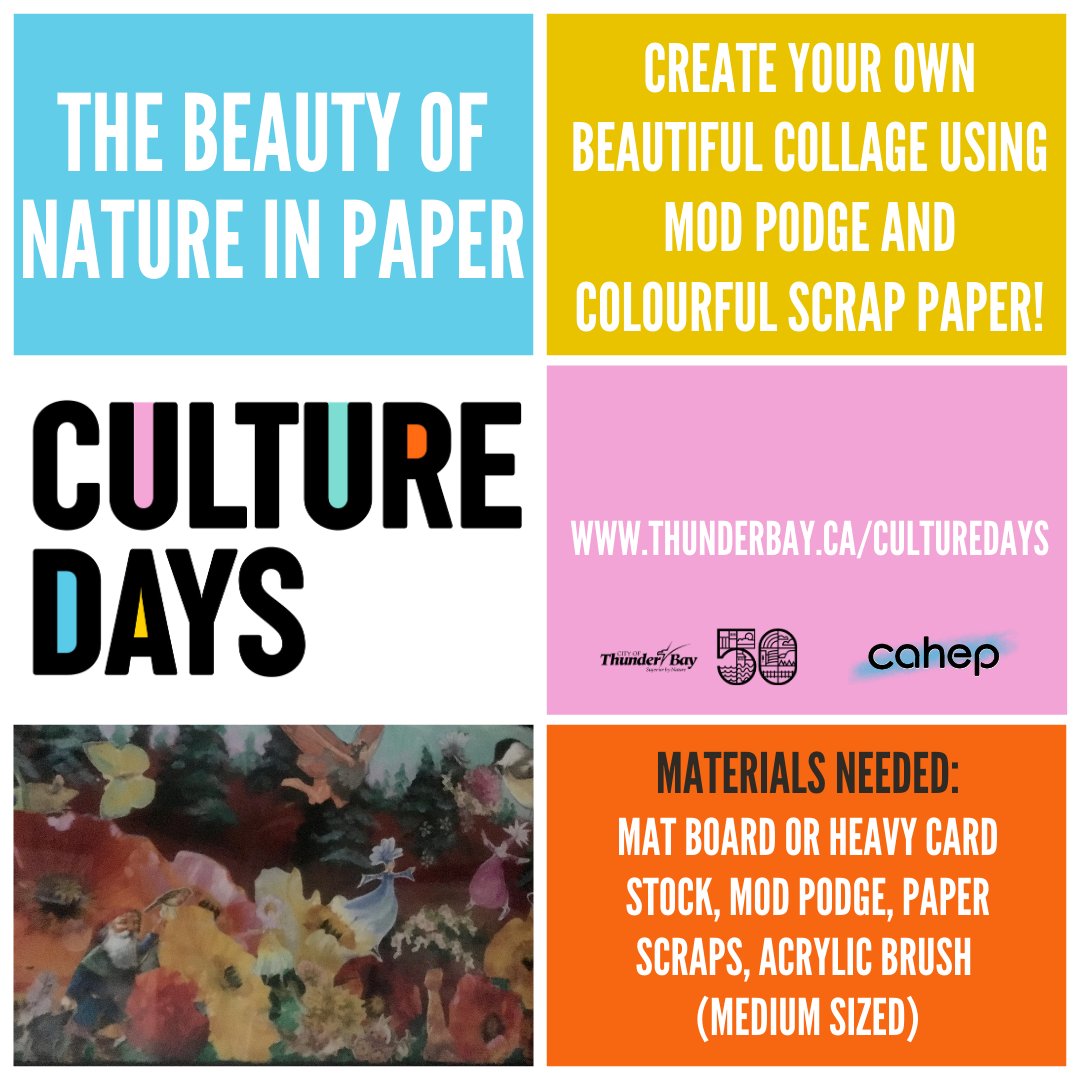 TBayCulture's tweet photo. @ONCultureDays continues! Participate in art projects led by @CAHEPTBay artists!
Today’s featured art project is The Beauty of Nature in Paper !
Check out this art project on our YouTube channel: https://t.co/aRCEHueDFq
#ONCultureDays
#ONCD2020
#OntarioCultureDays https://t.co/LHK5YwU0VG