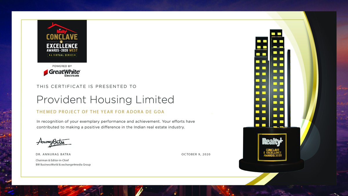 ourprovident's tweet photo. Delighted to share with everyone that Adora De Goa by #ProvidentHousing bagged the ‘Themed Project Of The Year’ Award at the Realty Plus Conclave and Excellence Awards 2020.
#RealTimeRealty #ProvidentHousing #Awards #RealtyAwards #RealtyAwards2020 #adoradegoa #projectoftheyear https://t.co/3m7NmVeJcB