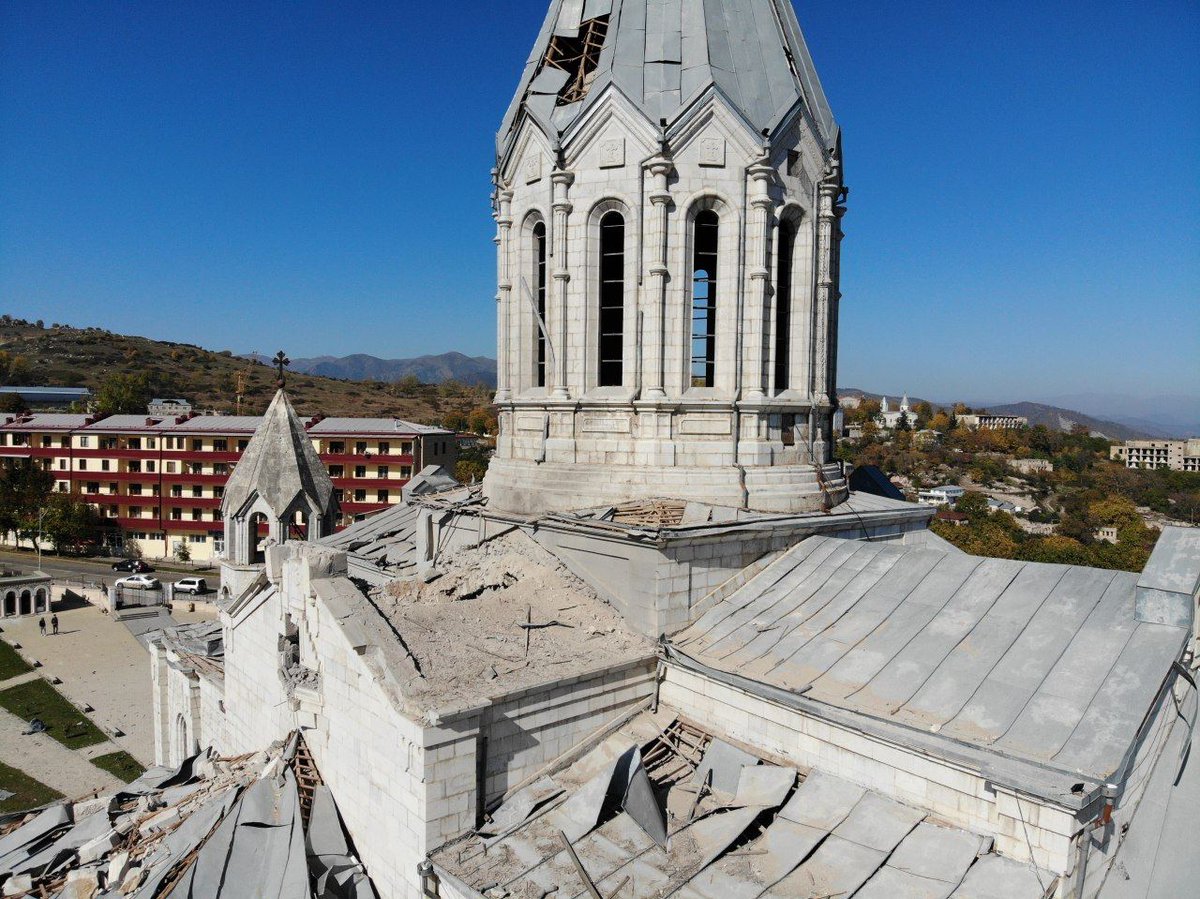 Rosi8813's tweet photo. Shushi's Holy Savior Church was targeted by Azerbaijan on October 9.  At the time of the airstrikes civilians, including children, were in the church. Three Russian journalists were also injured during the second attack on the church.
#StopAzerbaijaniAggression
#StopErdogan https://t.co/JirInIAsMq