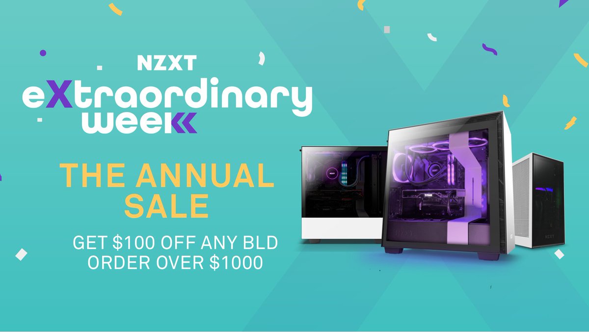 NZXT's tweet image. Our sale has begun! Get $100 off any order $1000 or more!

While you’re saving, we’re highlighting our favorite community content and giving away $100 in Steam credit! RT any of our #ExtraordinaryWeek tweets (this one counts) to enter!

Learn more here:

💜nzxt.co/exwk