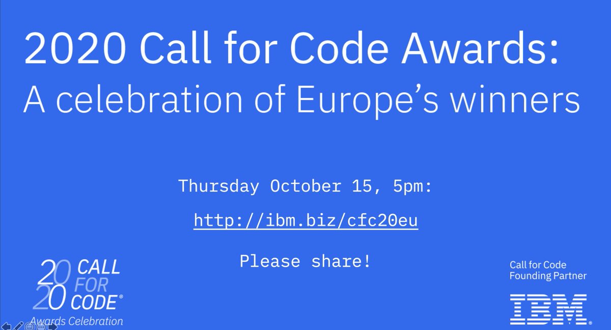 Tune in this Thursday for the 1st #CallforCode Awards Ceremony Europe🎉🎉We have great finalists and an amazing speaker line-up 😀👊🏻 

Interested in how to win a hackathon or wanna learn more from the winning solutions? Then join party and register: ibm.biz/cfc20eu