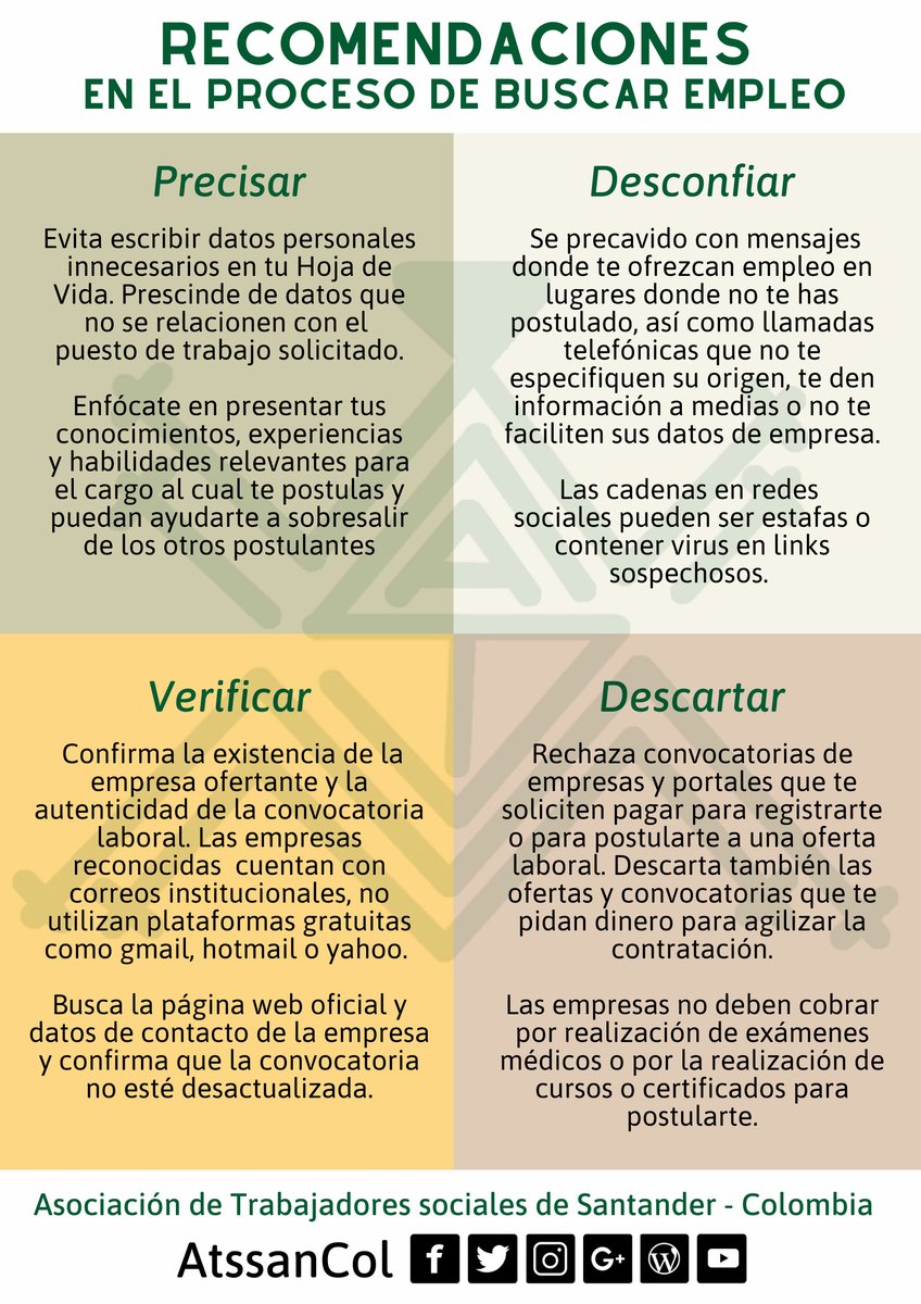 AtssanCol's tweet photo. Recomendaciones en el proceso de buscar empleo.

PRECISAR - DESCOFIAR - VERIFICAR - DESCARTAR

#AtssanCol 
#SoyATSSAN
#SoyGremioTS
#TrabajoSocialColombia
#MiTrabajoEsSocial 
#TrabajoSocialEsCienciaSocial 
#SoyTrabajoSocial
#TrabajoSocial https://t.co/AMqaUuc00T