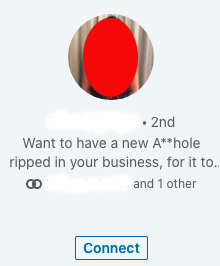 WIPsandFrogs's tweet photo. Why would you have this as your Linkedin strapline? This is what people see when you send them a connection request 🤢 #LinkedIn #nothanks https://t.co/ZQhavhKwZP