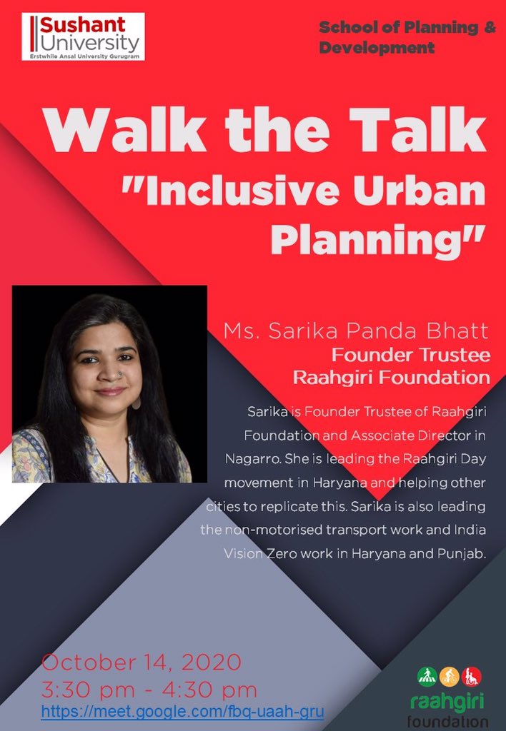 Walk the Talk on 'Inclusive Urban Planning'
Ms. Sarika Panda Bhatt, Founder Trustee of Raahgiri Foundation  

October 14, 2020
3:30 pm - 4:30 pm
Join @
meet.google.com/fbq-uaah-gru

#sushantuniversity#sspd  #intergratedplanning #sustainableplanning #urbanplanning #urbanandregional