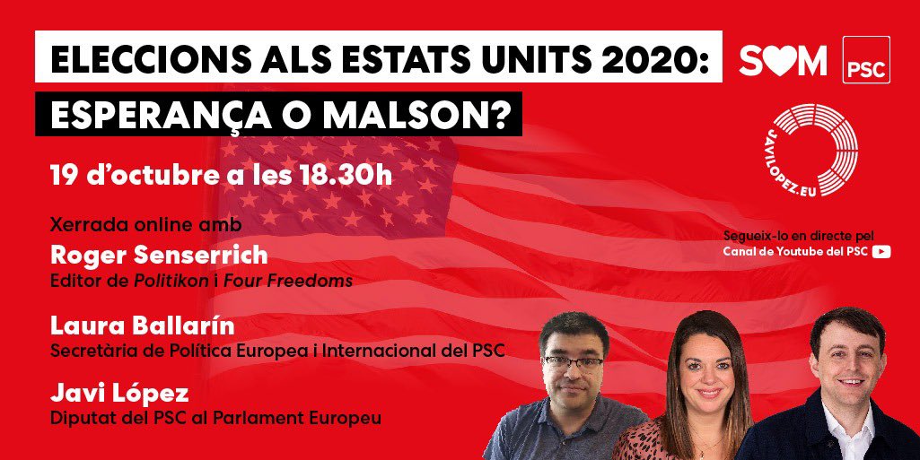 Quins efectes tindràn les eleccions als Estats Units? Com afectaràn a Europa? Què implicaria un segon mandat de Trump? Sobre aquestes i altres qüestions de l'#Election2020 parlarem amb <a href="/Egocrata/">Roger "4freedoms.es" Senserrich</a> i <a href="/lauballarin/">Laura Ballarin Cereza</a> 👇
⏰19 oct 18:30h
📲YouTube <a href="/socialistes_cat/">Socialistes PSC/❤</a> 
No us ho podeu perdre.